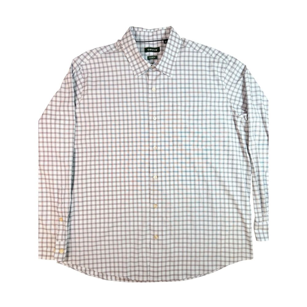 Orvis Mens XL Blue Gray Plaid Cotton Brrr Cooling Stretch Button Down Shirt